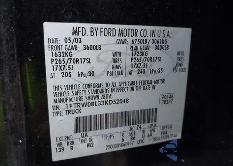 2003 Ford F-150 Lariat/Xlt из США, поврежденный, VIN 1FTRW08L33KD52048